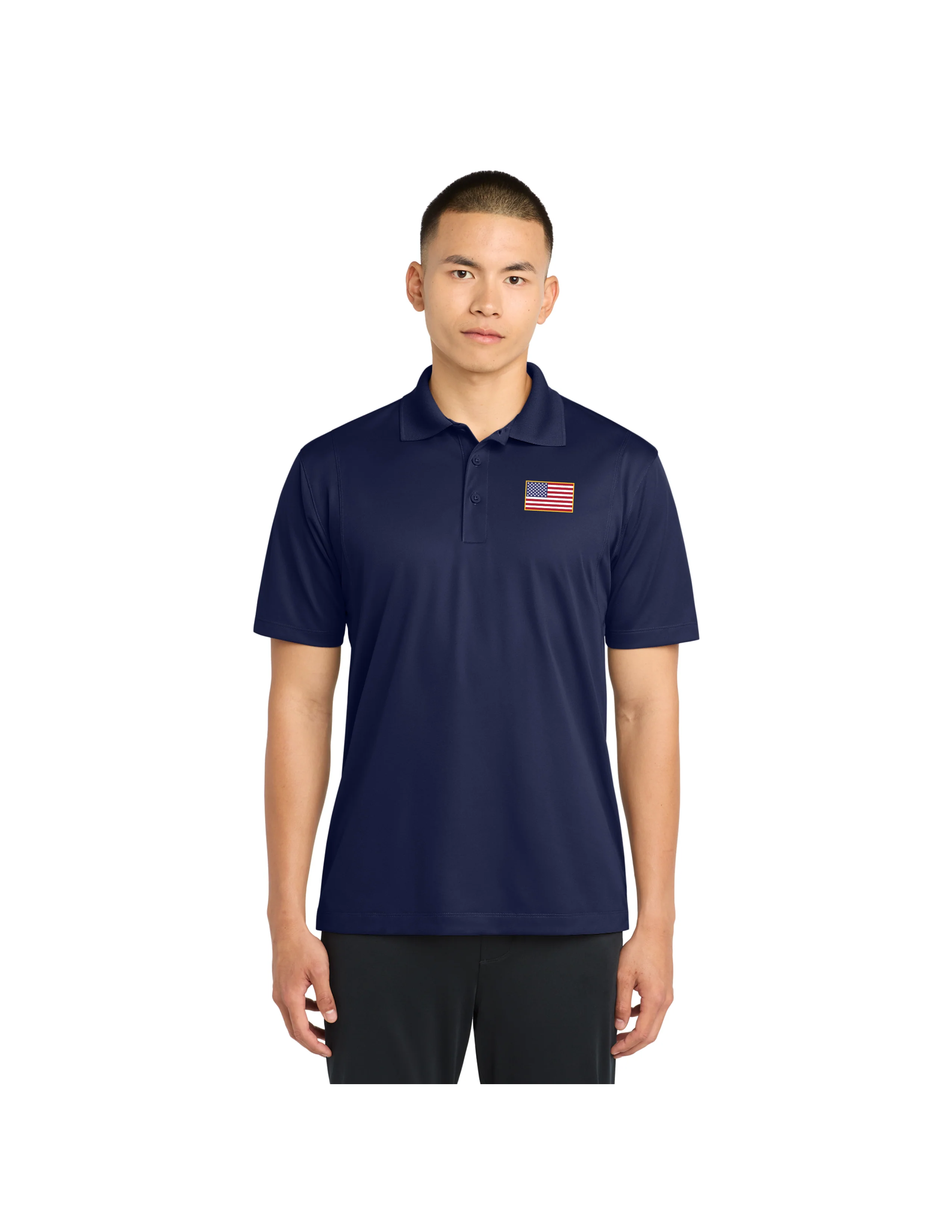 Embroidered American Flag Performance Polo - Navy Blue - Image 3