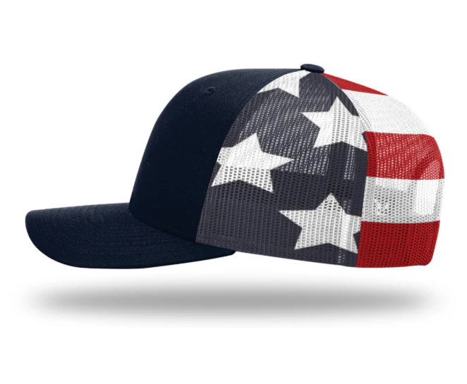 USA Flag Patch Hat, Richardson 112PM Printed Mesh Trucker | Navy/Stars and Stripes - Image 2