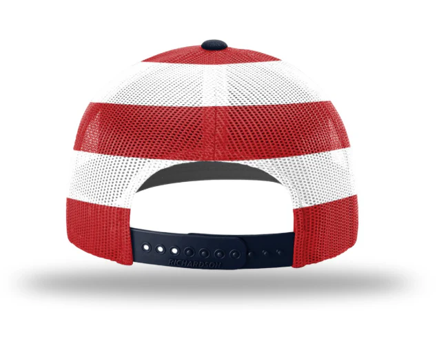 USA Flag Patch Hat, Richardson 112PM Printed Mesh Trucker | Navy/Stars and Stripes - Image 4